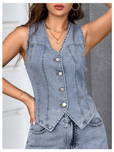 MakeMeChic Women's Denim Vest Tops Sleeveless Button Down V Neck Asymmetrical Hem Crop Jean Vest4