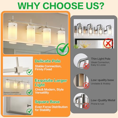 Image of SOLFART 4 Light Bathroom Vanity Lights Over Mirror, Vintage Bathroom Lighting Brushed Nickel Wall Sconce with Milky White Glass Shade