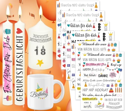 Tixlux 6 PCS Kerzentattoo Geburtstag (200+ Muster) Wasserschiebefolie kerzen | Kerzenaufkleber | Kerzen dekorieren | Gedenklicht | Geburtstagskerze (Geburtstag))