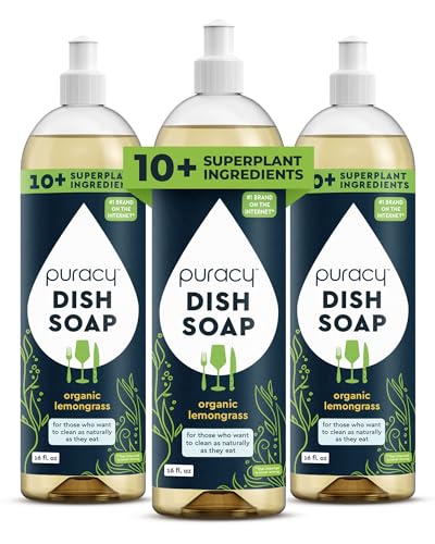 Image of Puracy Natural Dish Soap Packs - Skin-Softening Plant-Based Dishwashing Soap, Non-Toxic Dish Soap, Organic Liquid Dishwashing Detergent Soap (Organic Lemongrass, 16 fl oz, 3 Pack)