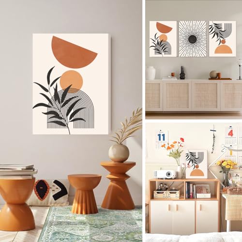 SERIMINO Boho Canvas Wall Art for Living Room, Geometric Lines Botanical Wall Art Bedroom Decor Aesthetic, Set of 3 Sun Minimalist Wall Decor for Office,20 x28 inch