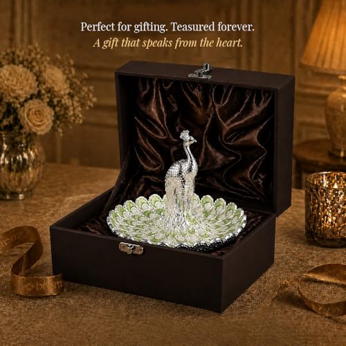 Image of Diviniti German Silver Peacock Decorative Tray | Luxury Home Decor Platter with Green Enamel Feather Design | Premium Dry Fruit & Sweet Serving Tray | Elegant Center Table Decor Gift with Box