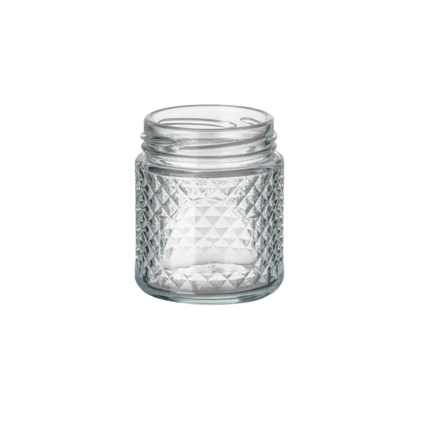 gouveo Set di 18 vasetti 100 ml rotondi in vetro cristallo con coperchio a vite argentato – Vasetti vuoti per conserve e conservazione – Piccoli barattoli decorativi con motivo a diamante (EGK150S)