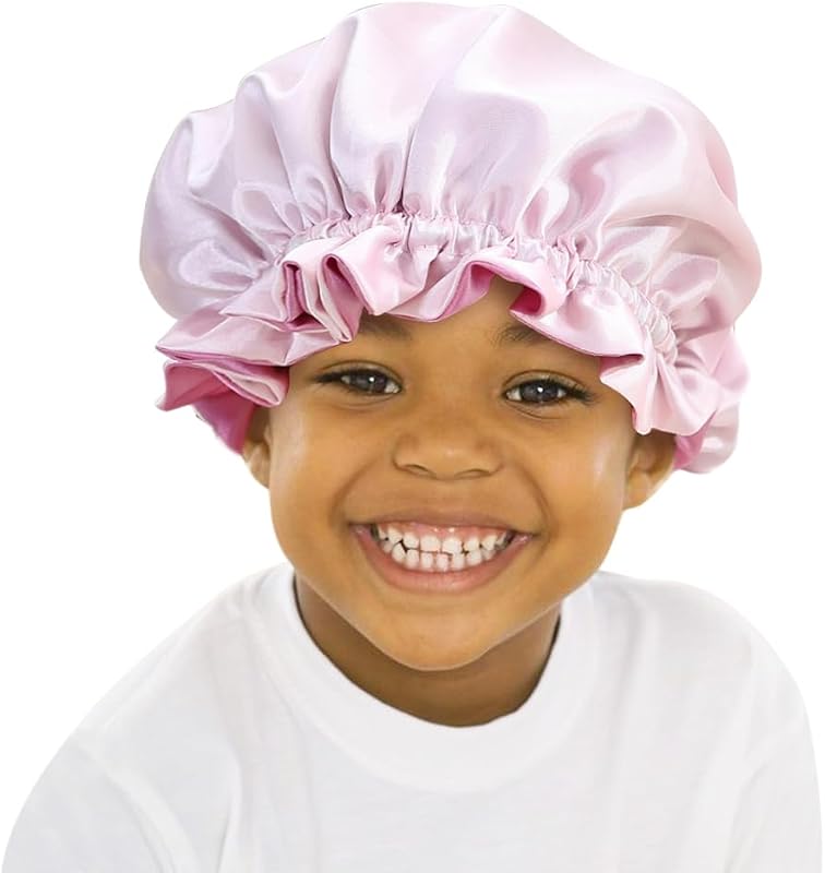 Touca de cetim infantil sent hair dupla camada Rosa-claro/Rosa, ajustável com cordão, reversível