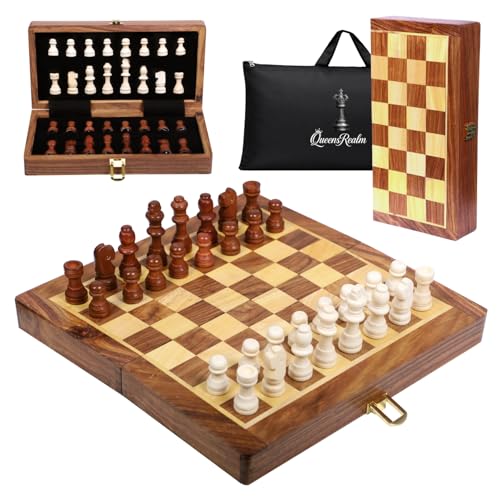 Image of QueensRealm 12 Inch Sheesham Chess - Handmade Magnetic Chess Board Set with Magnetic Wooden Chess Pieces | Premium Foldable Chessboard for Kids & Adults for Indoor Outdoor Chess Set (12 x 12 Inch)