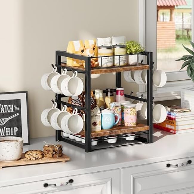 HOOBRO Coffee Mug Cup Holder,Tree Bar Station Organizer for Countertop,12 Hooks Mug Stand Rack with Sliding Drawer for 30 K-Cup Pods, 2 Tier Mug Display Stand, Rustic Brown and Black BF11TL01