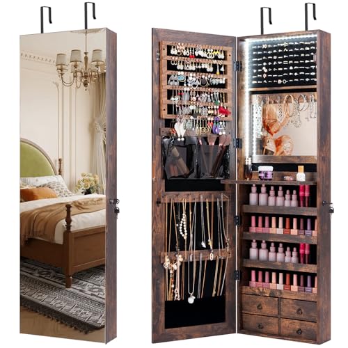CHARMAID Armario de joyería con tira LED con espejo de longitud completa de 47.2 pulgadas de alto, organizador de joyas montado en la pared/puerta con espejo integrado, bandeja de cosméticos abatible,