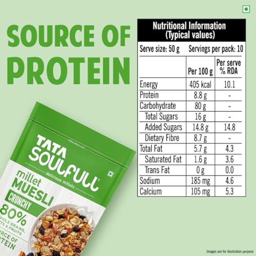 Image of Tata Soulfull Crunchy Millet Muesli, 500 g, Contains Wholegrains Nuts & Fruits, Source of Protien, High Fibre, Contains Ragi & Jowar