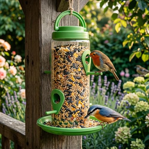 Image of TrustBasket 4-Way Bird Feeder | Transparent Plastic Hanging & Standing Feeder | 21x15x9 cm | 4 Feeding Ports with Perches | Auto Seed Dispensing Tray for Garden & Balcony