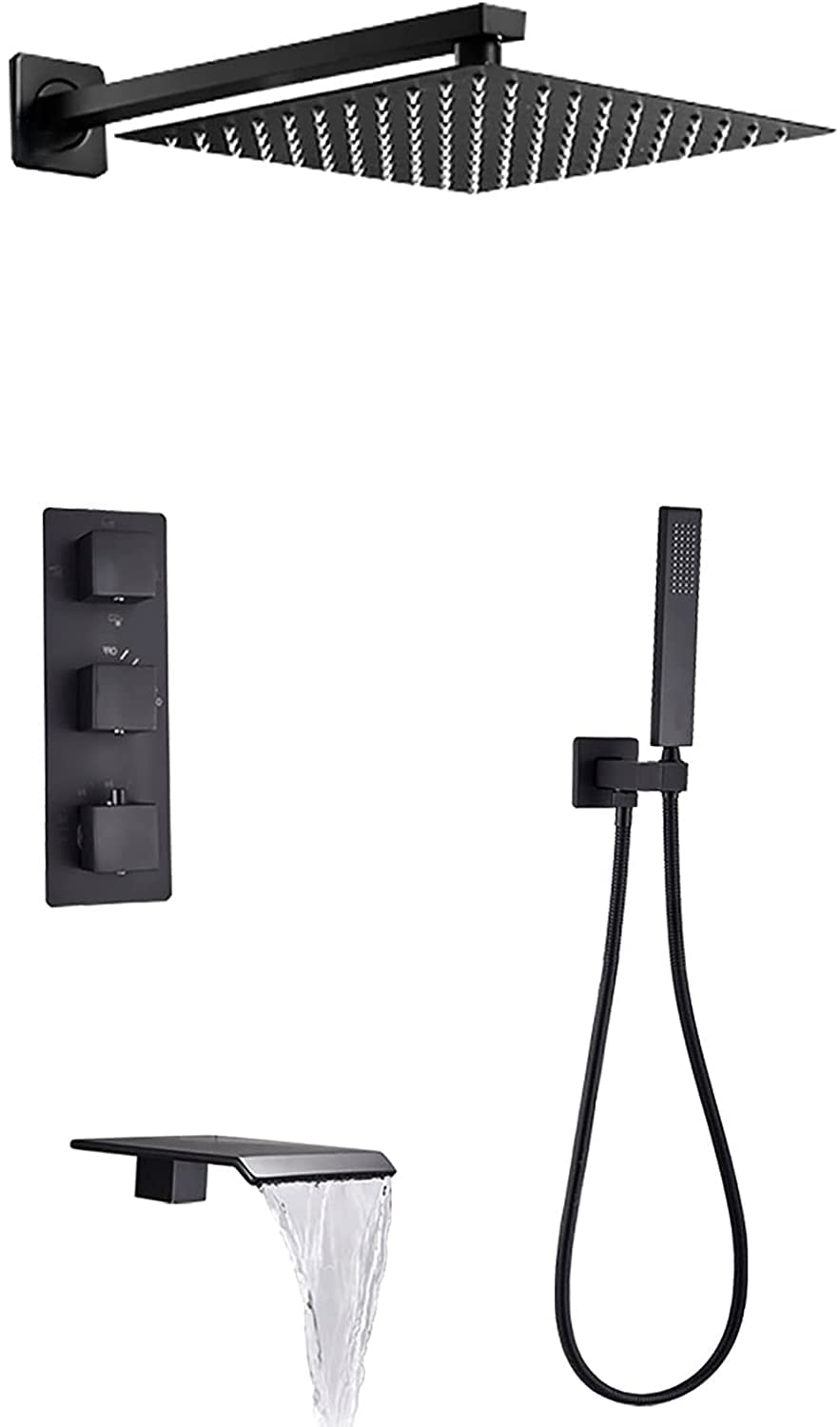 OZBMA shower set thermostatic system with waterfall tub spout black faucet wall mounted rainfall head handheld rain mixer combo set,12 inches (A 8 inches)