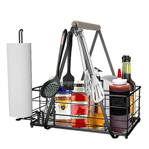 Picnic Caddy BBQ Utensil Caddy for Outdoor Grill Camping for Plate Cutlery CompartmentStorage with 3 Hooks Kitchenn Barbecue Accessories RV Patio Tailgate EssentialsEasy Carry Grilling Gifts for Men