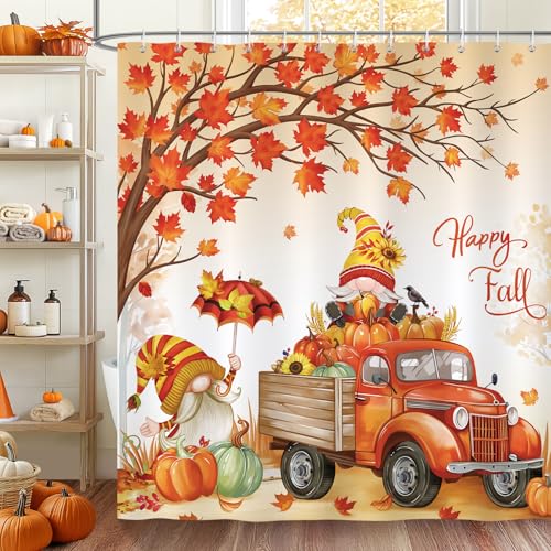 Bonhause Fall Shower Curtain Cute Gnomes Under Maple Leaves Harvest Pumpkin Thanksgiving Bathroom Decor 72 x 72 Inch Polyester Fabric Waterproof Bath Curtain with 12 Hookss