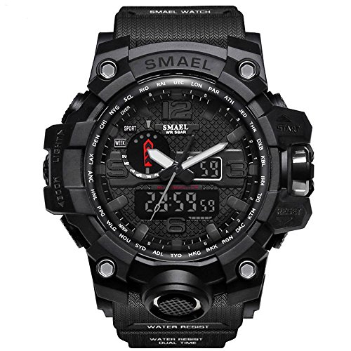 Richermall Men's Sports Analog Quartz Watch Dual Display Waterproof Digital Watches with LED Backlight relogio Masculino (Black)