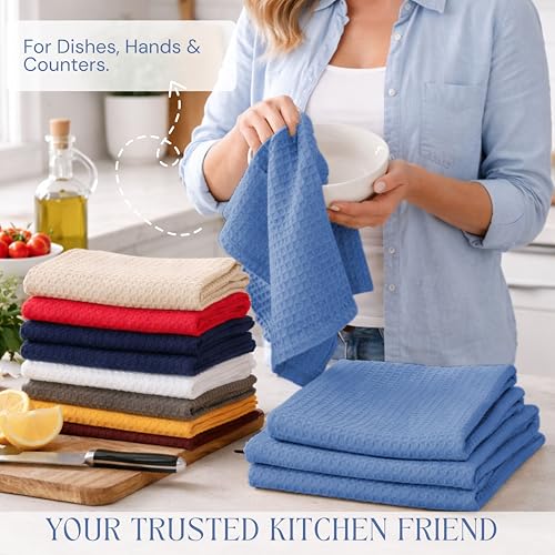 Image of Sky Blue Kitchen Dish Towels Set of 12-100% Cotton Waffle Weave, Super Absorbent, Soft, Quick Drying, 16x26 Inches, Ideal for Cleaning, Bar, Tea, and Everyday Use, Light Blue