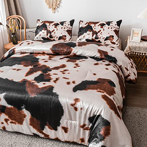 Aimuan Satin Comforter Set, Luxury Silk Like Satin Silky Cute Cow Print Cozy Quilt Set Super Soft Microfiber Cartoon Bedding Sets With 2 Matching Pillow Covers (Brown, King) #TOP1