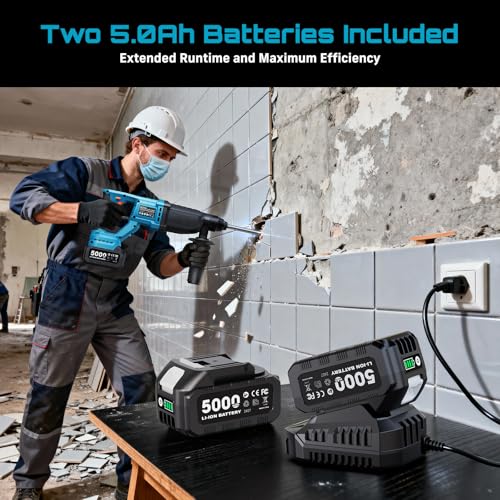 Image of Seesii 1 inch Cordless SDS-Plus Rotary Hammer Drill, 2 x 5.0Ah Batteries, 3.2J | Brushless Motor, 4 Modes with Kickback Protection, Dust Cover, Chisels, Drill Bits for Concrete Drilling & Home Renovation