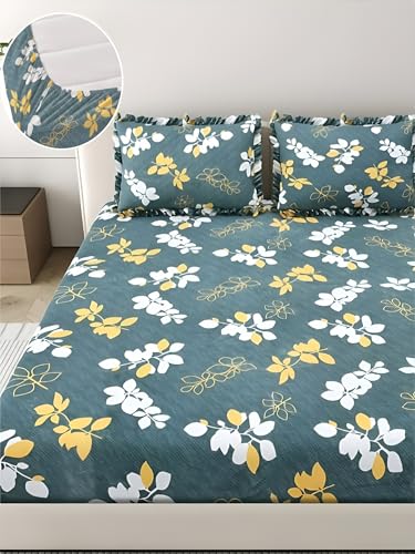Image of 350 TC Premium Heavy Cotton Feel Elastic Fitted Bedsheet King Size with 2 Frill Pillow Covers King Size || Double Bed with All Around Elastic (Green Yellow, Queen)