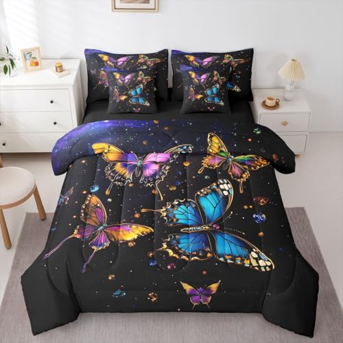 Image of Colorful Butterflies 7 Pieces Bedding Set King Size,Dreamy Starry Sky Bed in a Bag,Outer Space Galaxy Bed Set Includes Comforter,Sheet Set,Pillowcases & Pillow Covers,Garden Wildlife Bedroom Decor