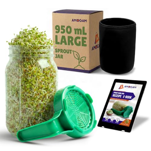 Image of Sprouts Maker Glass Jar - 950ml Large Sprouts Maker Jar for Home Use | BPA-Free Sprouting Jar with Drain Lid Handle | Reusable Glass Sprout Maker Jar for All Seeds and Beans