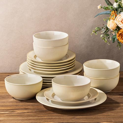 Image of TheTerra Ceramic Dinnerware Sets for 6, 18 Pieces Porcelain Lightweight Plates and Bowls Sets, Scratch Resistant Dish Set, Oven, Microwave & Dishwasher Safe, Cream Latte