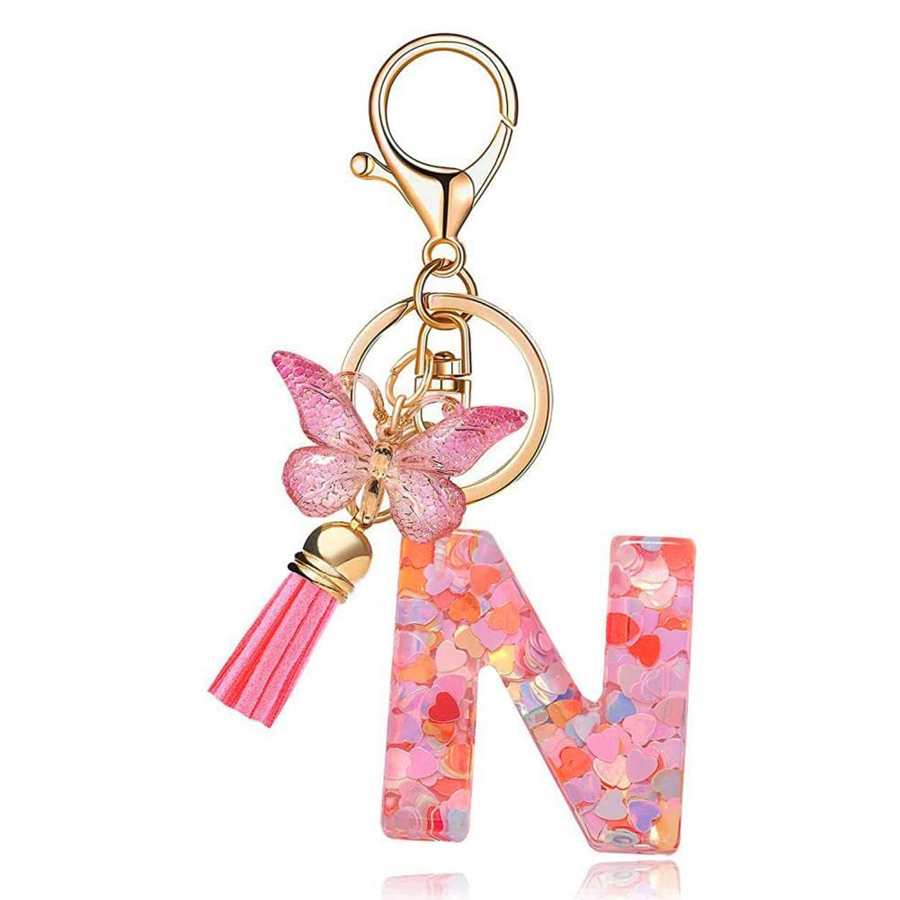 Goodern Alphabet Initial Letter Keychain with Tassel,Fashion Keychain Butterfly Pendant Key Ring,Cute Keychain for Women Girls,Purses Handbag Backpack Keychain,Car Key Keychain Tassel Key Chain-N