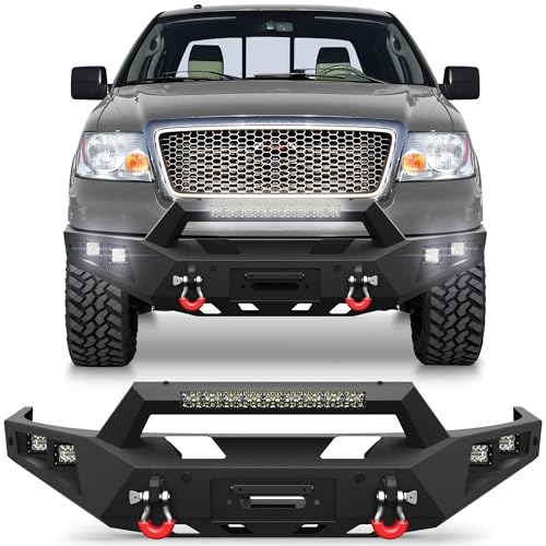 POFENZE F150 Front Bumper with Winch Plate for 2004-2008 Ford F-150 Textured Black Bumper with D-rings, 144W Long Light Bar, License Plate Bracket