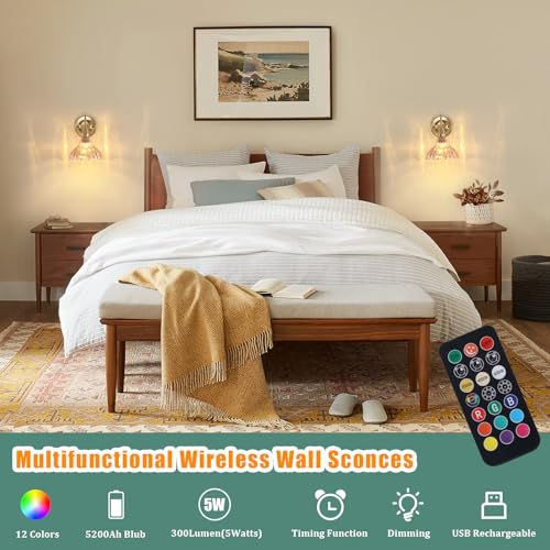 Image of Shenmoyl Battery Operated Wall Sconce Set of 2, Vintage Rechargeable Wall Lights with Amber Lily Glass Shade, Wireless Indoor Wall Lamp with Remote for Bedroom Living Room Bathroom