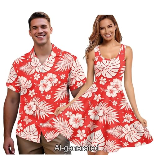 Image of Dreaweet Summer Dresses for Women A-Line Sleeveless Flowy Sun Dresses,Men's Casual Button-Down Shirts,Couple Matching Outfits