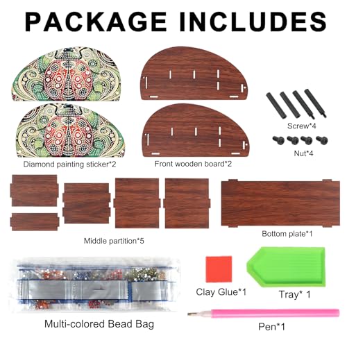 Image of DIY Diamond Painting Storage Box, Red Ladybug Handmade 5D Diamond Art Case Multi-Compartment Wooden Desktop Organizer Holder for TV AC Remotes Makeup Brushes Pens Tabletop Craft Storage