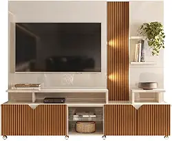 Estante Home Teather para Tv até 55 Polegadas com Led Ripado Impressão 3d 2,10m Cross Off White Perolizado/madeirado Tauari Lukaliam