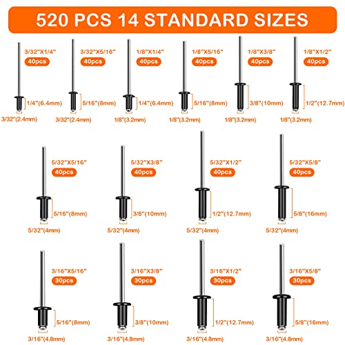 520Pcs Black Rivets Pop Rivets Assortment Kit, Ljinge 14 Sizes Aluminum Blind Rivets, Assorted Blind Rivets With Reinfored Divider & Labeled Case For Storage #TOP3