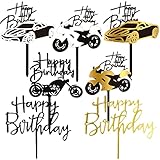 Dalettu 12 Stück Tortendeko Happy Birthday Schwarz Gold Cake Topper, Auto Motorrad Tortenaufsatz Acryl Kuchen Topper, Geburtstag Torte Topper, Glitter Geburtstagstorte Dekoration für Männer Junge