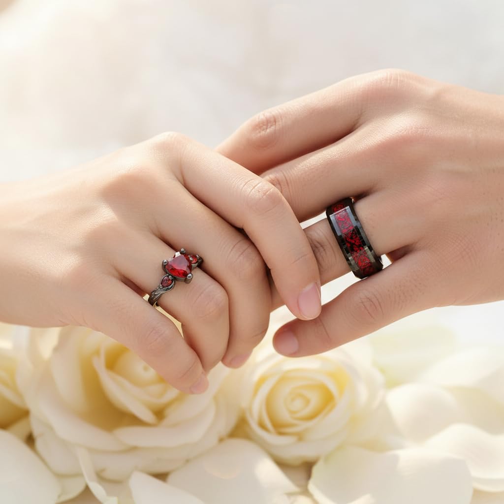 Custom Couple Rings Tungsten Matching Promise Rings for Him and Her Red and Black Wedding Rings for Couples Set Personalized Heart CZ Engagement Rings