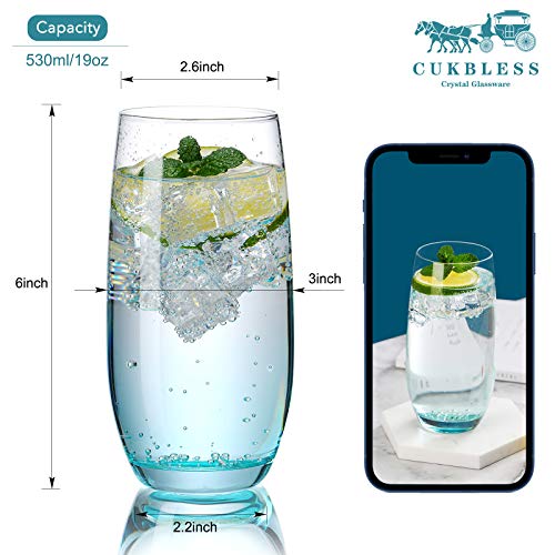 CUKBLESS Highball Glasses Set of 6 - Crystal Tall Drinking Glasses - Cocktail Glass Cups for Mojito, Juice, Beverage, and water - 19 Oz (Blue)