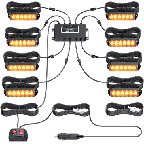 Justech 8PCS6LED Luces Estroboscópicas de Coche Kit de Luces de Emergencia IP65 Impermeable 30 Modos de Flash con Caja de Control Principal Universal para 12V/24V Coche, Remolque.