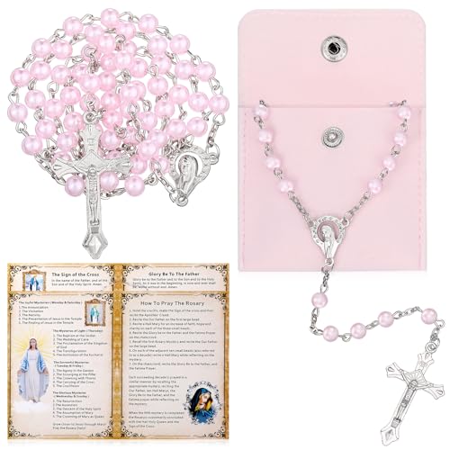 Quelay Rosary for Women Catholic Gifts Our Lady of Rosary Beads Pray Card Necklace Confirmation Gifts(Pink Beads)