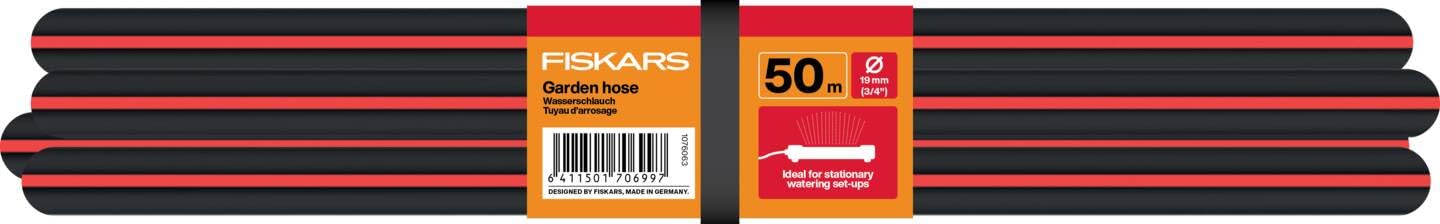 Fiskars XL Tubo da Giardino, Solid, Tubo per Sistemi di Irrigazione | 19 mm (3/4"), Lunghezza: 50 m, Attacco Universale, Protetto dai Raggi UV e dal Gelo, Resistente alla Torsione, Rosso, 1076063