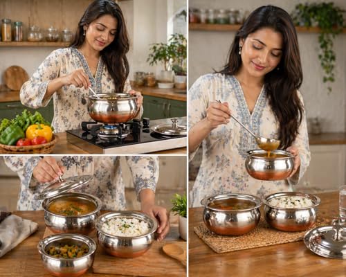 Image of Steel Magic Copper Bottom Handi /Urli Set, Cookware Set Induction Bottom Cookware Set, Stainless Steel, Copper Handi Set of 3 (800, 1100, 1600 ML)