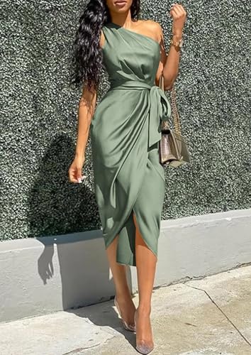 Image of PRETTYGARDEN Women's Summer One Shoulder Ruched Satin Dress Sleeveless Wrap Spring Wedding Guest Cocktail Midi Dress
