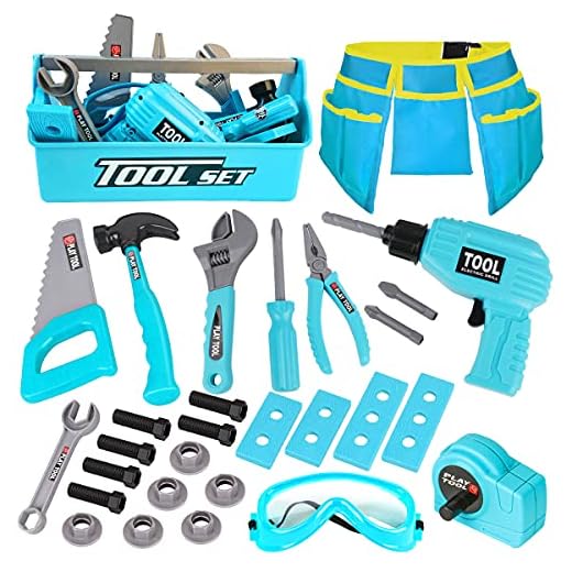 LOYO Kids Tool Set - Pretend Play Construction Toy with Tool Box Kids Tool Belt Electronic Toy Drill Construction Accessories Gift for Toddlers Boys Ages 3 , 4, 5, 6, 7 Years Old (Blue)