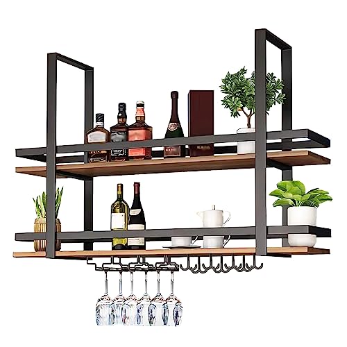 Étagère de plafond industrielle à 2 couches et casier à vin suspendu en métal avec support verre