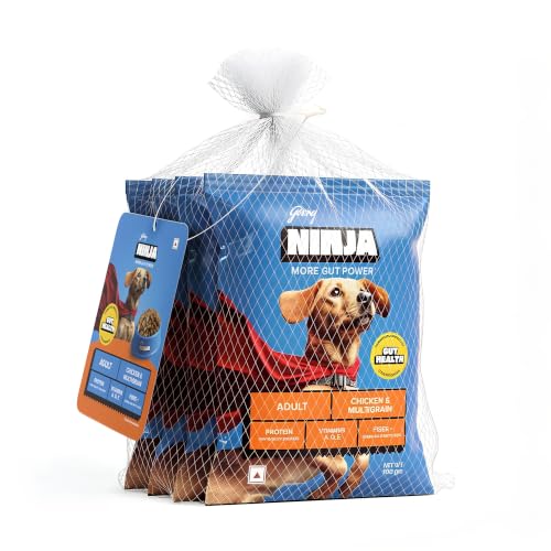 Godrej Ninja Adult Dry Dog Food, Chicken & Multigrain 400g (4x100g Pack) | Gut Health Formula with Pre & Probiotics, Polyphenols | 37 Nutrients For Im