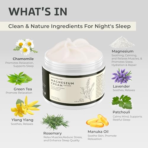 Magnesium Cream for Sleep & Leg Cramps: Soothing Magnesium Lotion with Lavender, Chamomile, Patchouli for Body - Calming & Relaxation Muscle Soreness - 4 fl.oz/120 ml