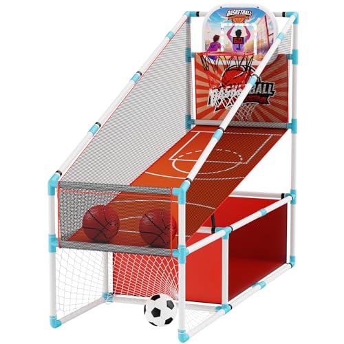2 in 1 Kids Arcade Basketball Hoop &Soccer Goal,LED Lights Electronic Scoreboard, Adjustable Height...