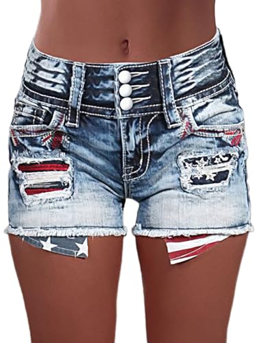 Flamingals Distressed Jean Shorts for Women High Waist American Flag Button Fly Raw Hem Denim Shorts Mid Blue 2XL