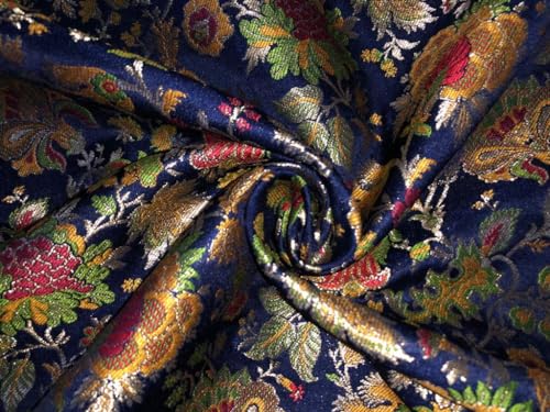Tissu brocart de soie bleu marine coupon de tissu jacquard floral 111 cm au mètre BRO917