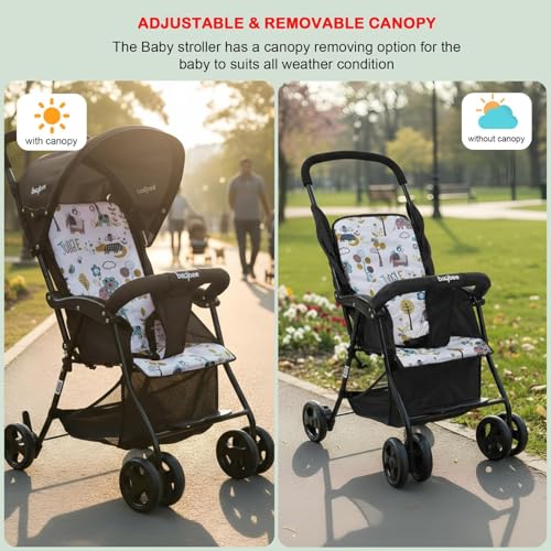 Image of Baybee Stroller Baby for Boy & Girl 0 to 3 Years | Foldable Strollers with Canopy, Parent Handle, 2-Position Adjustable Seat, 2-Point Safety Belt | Travel Pram for Kids (Black)