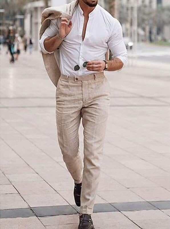 Men’s Linen Dress Pants Regular Fit Vintage Suit Trouser Lightweight Summer Casual Suit Pants Long for Men3