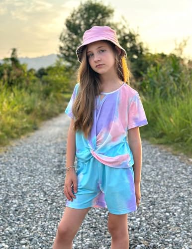 Image of Arshiner Girls Summer 2 Piece Outfits Tie Dye Short Sets Casual Twist Front Short Sleeve Tops and Pant with Pockets