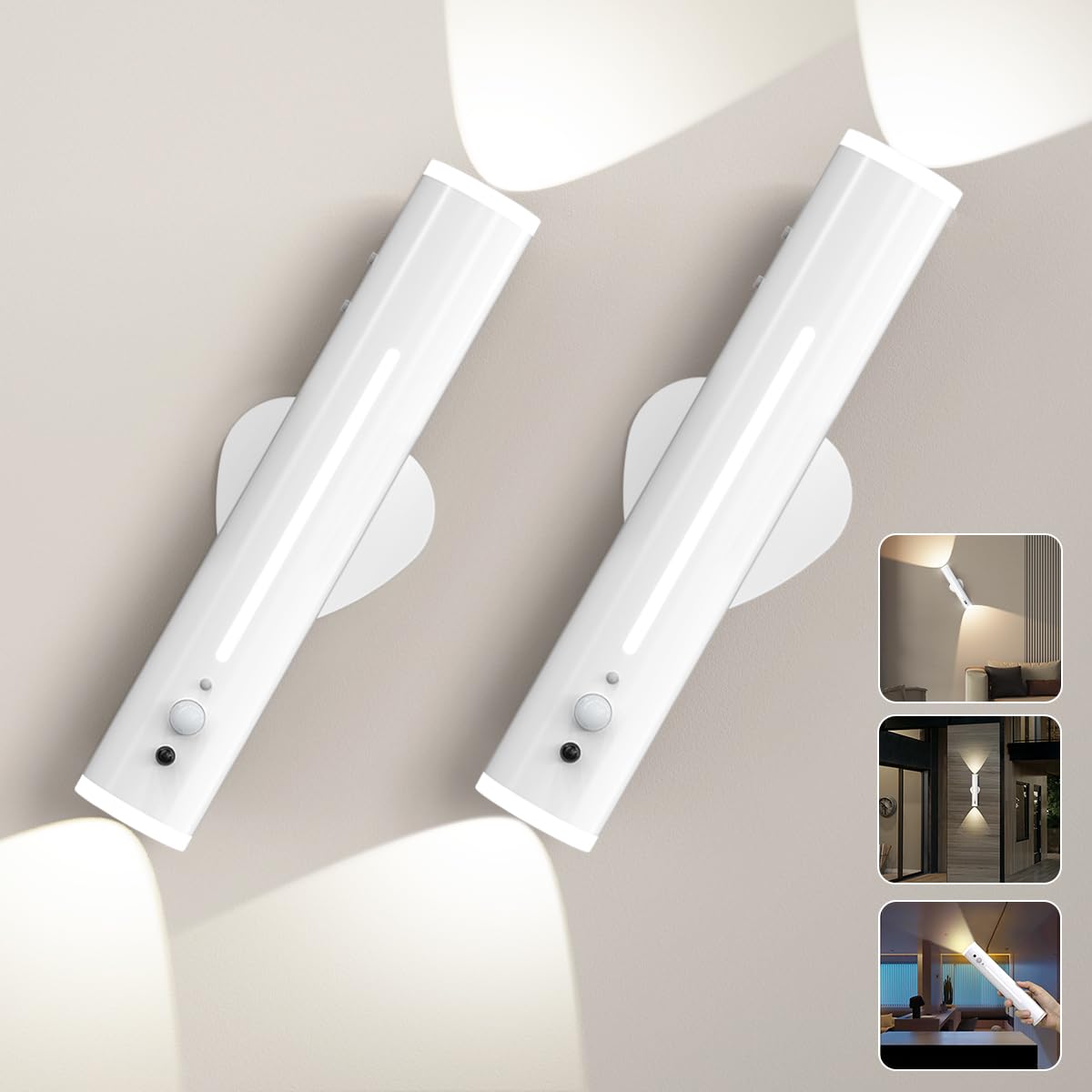 Hapfish Apliques Pared Dormitorio Sin Cable 2 Piezas, Lamparas Pared Recargable con Sensor de Movimiento, Magnetica Metal 360° Giratorio, Luces LED Pilas Inalambrica para Interior, Exterior, Estar